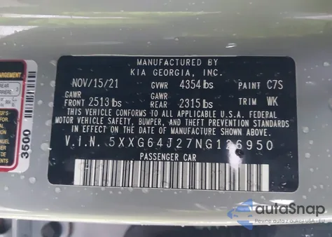 2022 Kia K5 Gt-Line из США, поврежденный, VIN 5XXG64J27NG126950